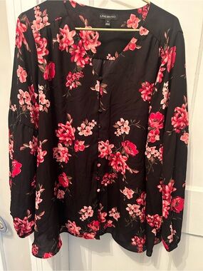 Lane Bryant Black Floral Button-Front Blouse with Pink & Red Blooms